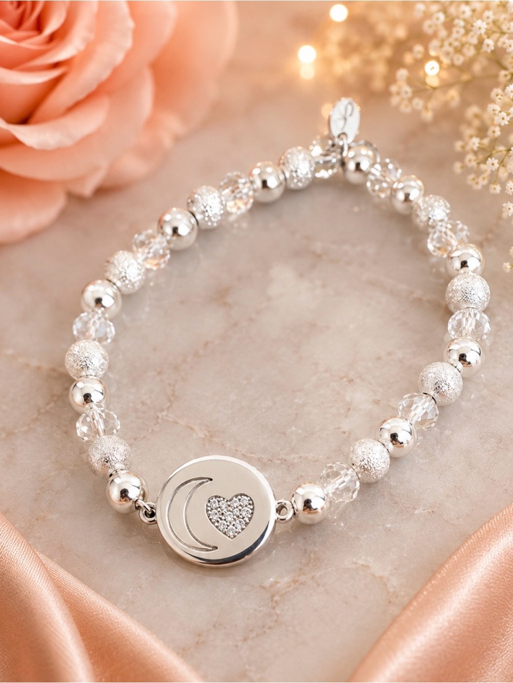Crystal Heart Silver Beaded Bracelet with Crescent Accent - Women Jewelry